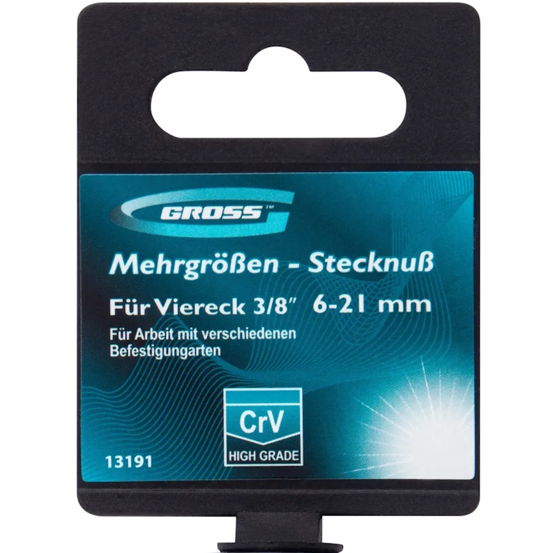 Головка торцевая многоразмерная Gross 13191, CrV, 6-21 мм, под квадрат 3/8, CrV, хромированная