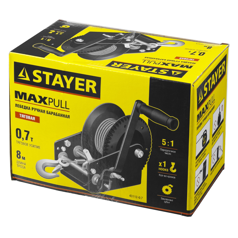 Лебедка ручная барабанная Stayer MASTER 43112-0.7 (тяговая, тросовая, 0,7т, 8м) в Коврове