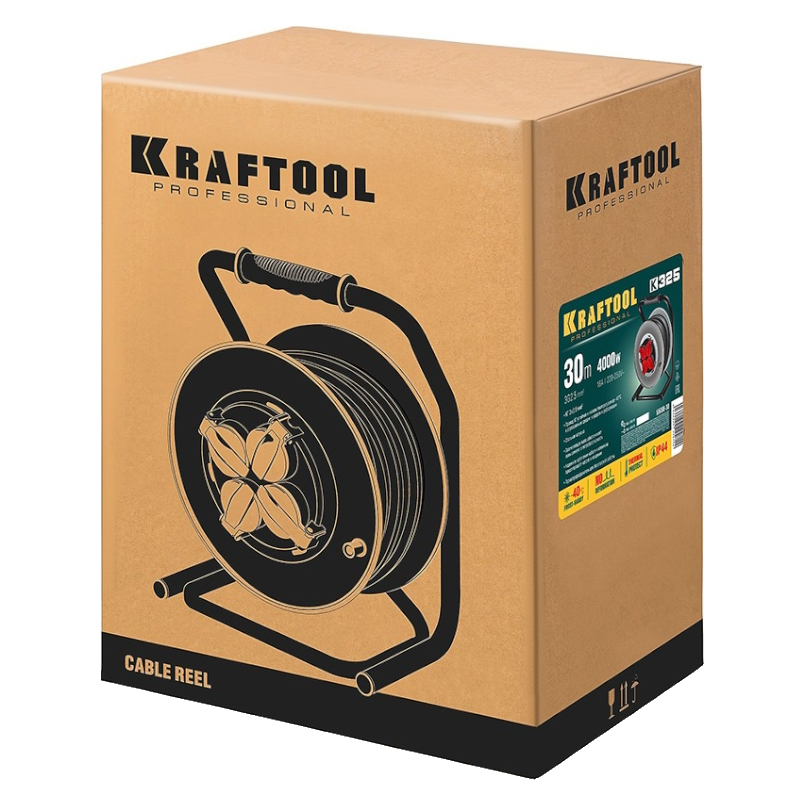 Силовой удлинитель на стальной катушке Kraftool K-325 55086-30, КГ 3х2.5 30м 4000Вт IP44 в Угличе