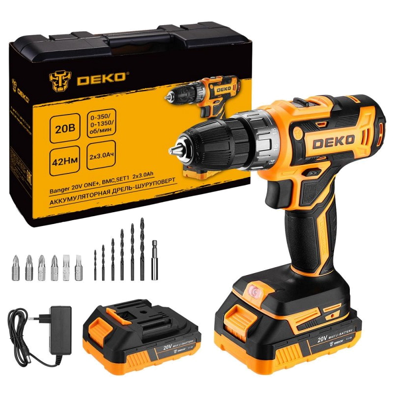 Аккумуляторная дрель-шуруповерт Deko Banger 20V ONE+ 083-1109, 13 предметов, в кейсе, 2x3.0 Ач в Рыбинске
