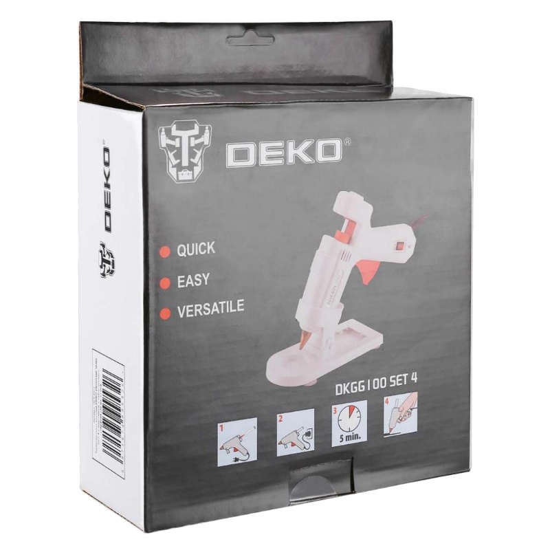 Термопистолет клеевой Deko DKGG100 SET4 063-4971 (100Вт, с подставкой + набор клеевых стержней 11 мм, 10 шт.)