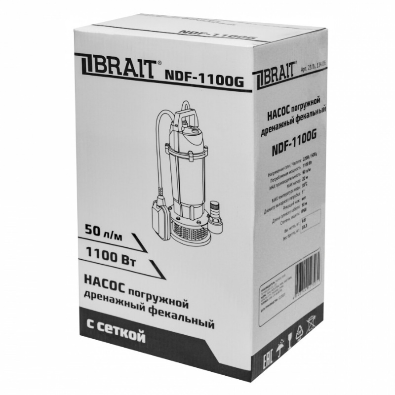 Насос дренажный погружной Brait NDF-1100G 23.01.134.056, 90л/м, 1100Вт, максимальный напор 22м в Коврове