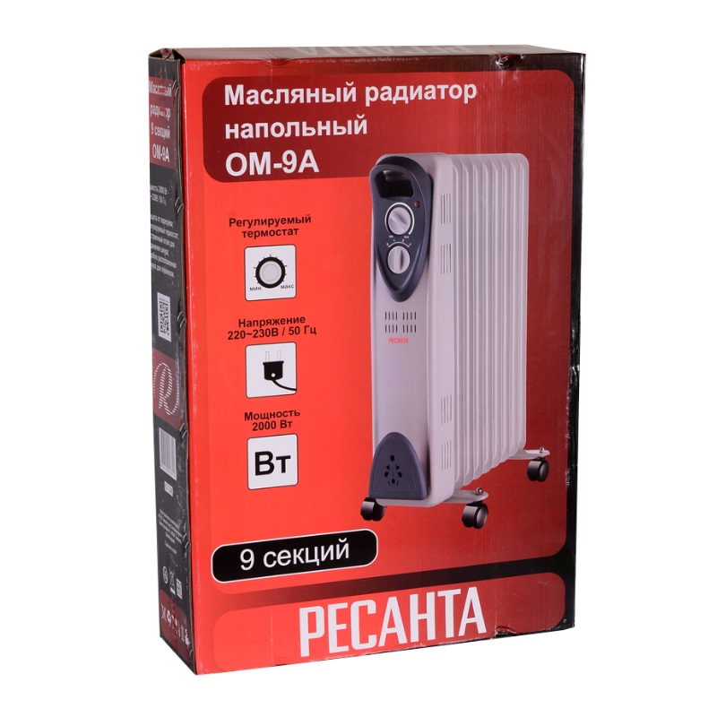 Масляный радиатор с термостатом Ресанта ОМ-9А 67/3/16 (2 кВт, 9 секций, 3 режима нагрева, механическое управление) в Череповце