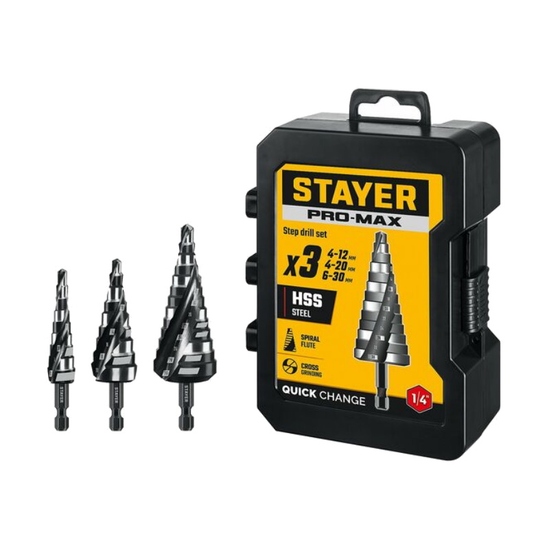 Набор сверл ступенчатых Stayer Pro-Max 29661-4-30-H3, 3 штуки, 4-30 мм, винтовая спираль
