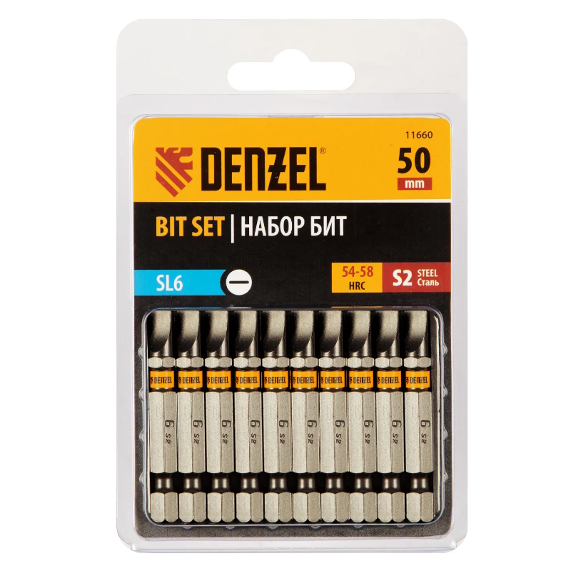 Набор бит Denzel 11660, SL6,0х50, сталь S2, шестигранный профиль, 10шт. в Иваново
