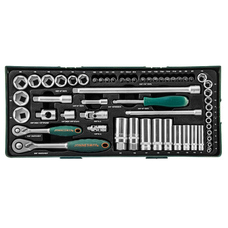 Набор головок торцевых стандартных и глубоких Jonnesway S04H3157SP, 1/4" и 3/8"DR в ложементе, 4-24мм, 57 предметов