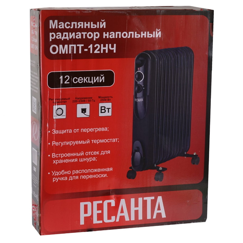 Масляный радиатор с терморегулятором Ресанта ОМПТ-12НЧ 67/3/15 (12 секций, 250 Вт) в Кинешме