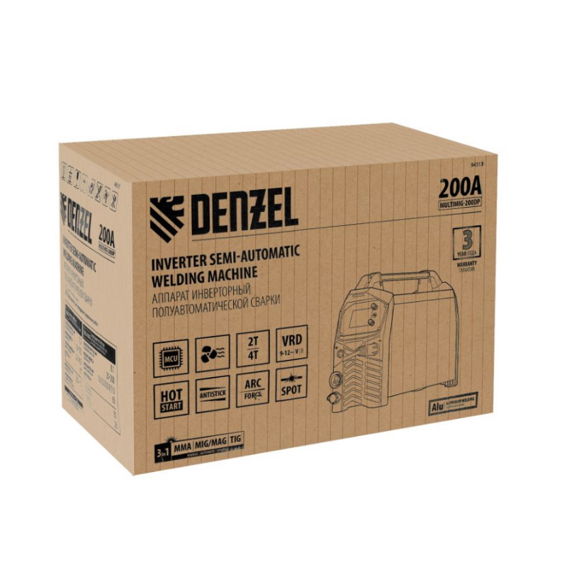 Аппарат инверторной полуавтоматической сварки Denzel MultiMIG-200DP Synergy Double Pulse 94313, 200 А, ПВ 80% в Рыбинске