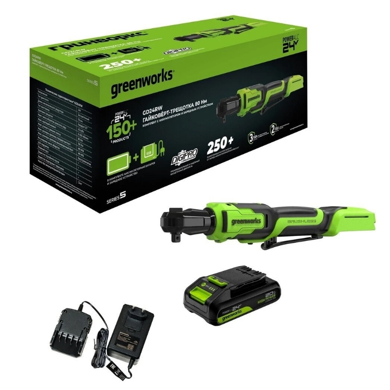 Гайковерт-трещотка аккумуляторная Greenworks GD24RW 24V 3804007CUA, б/щет,0-250об/мин, 1/2",80Нм,70 мм,1x2Ач,ЗУ,сумка,кор в Туле