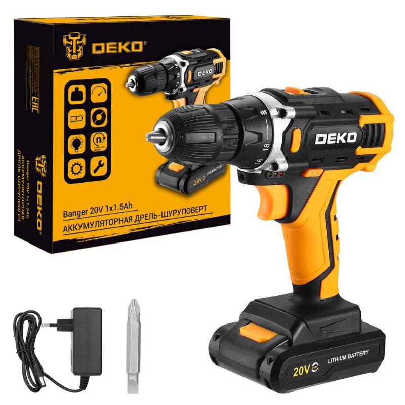 Аккумуляторная дрель-шуруповерт Deko Banger 080-1004 20V, 20В, 1x1.5Ач в Муроме