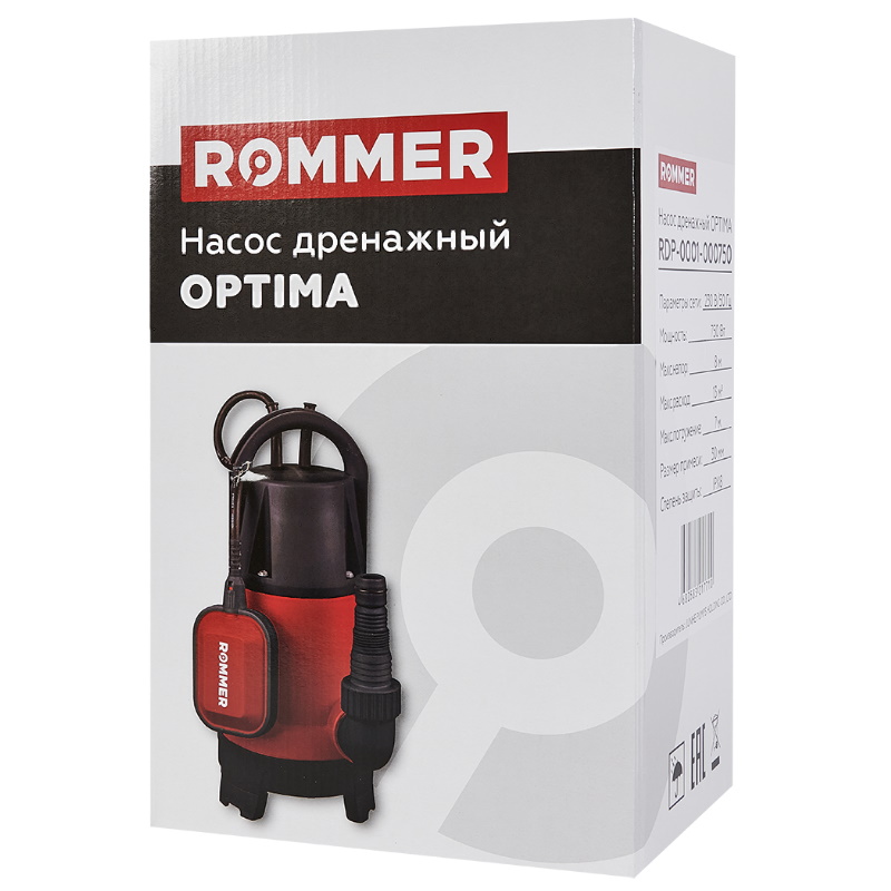 Насос дренажный Rommer OPTIMA RDP-0001-000750, H-8 м, Q-13 м3/ч, кабель 10 м, 750 Вт, универсальный в Туле