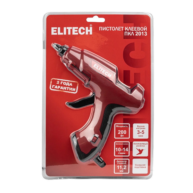 Пистолет клеевой Elitech ПКЛ 2013 (E2208.042.00) 214945, 200/20 Вт, 11 мм,13 г/мин, 5 мин, блистер, 2 стержня в Кинешме