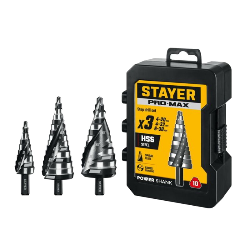 Набор сверл ступенчатых Stayer Pro-Max 29661-4-38-H3, 3 штуки, 4-38 мм, винтовая спираль во Владимире