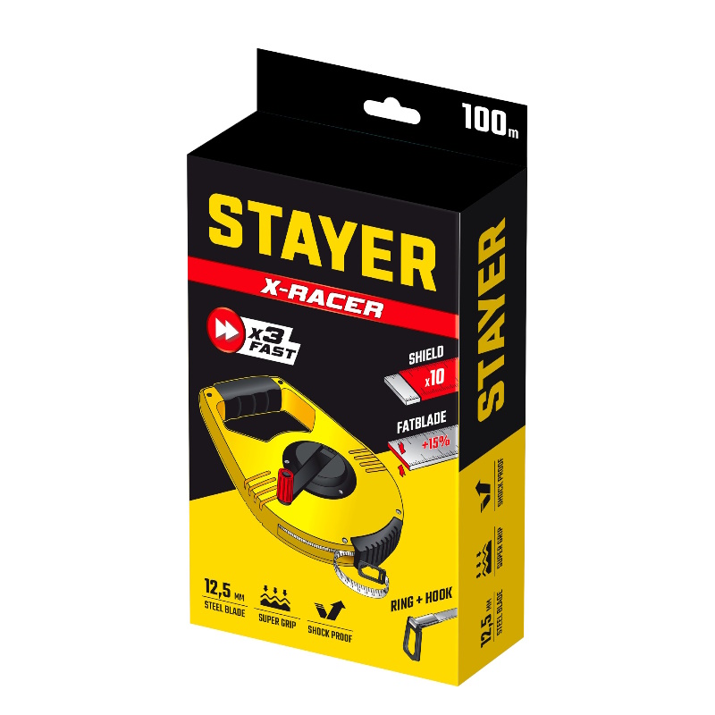 Мерная геодезическая лента Stayer Racer 2-34186-050 металлическая, редукторный механизм 3:1 50мх13мм