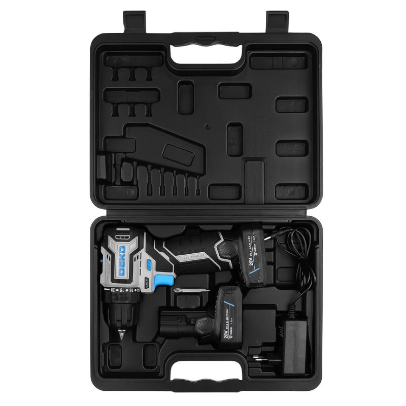 Дрель-шуруповерт аккумуляторная Deko Loner 20V PRO 085-1010, бесщеточная, компактная,  в кейсе, 20В, 2x3.0Ач в Череповце