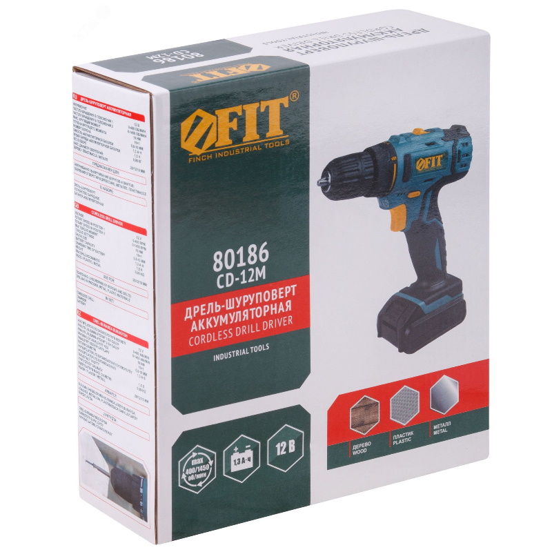 Дрель-Шуруповерт аккумуляторный Fit 80186, 12 В, 0-400/1450 об/мин, 19 Нм, 1, Li-Ion, 1,3 Ач, 1,5 ч., рез. накл. в Ярославле