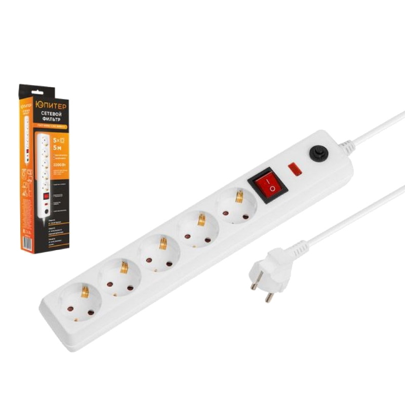 Фильтр сетевой Юпитер JP8501-02, 5 м, 5 розеток, 2.2 кВт, с/з, выключатель, ПВС 3х0.75, белый в Туле