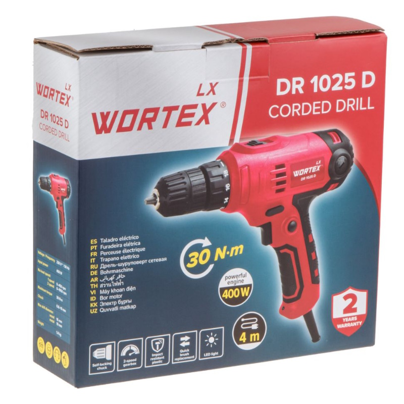 Дрель-шуруповерт Wortex LX DR 1025 D 1335878, в коробке, 400 Вт, 30 Нм, 2 скорости, БЗП 0.8-10 мм, 4 м шнур  в Вологде