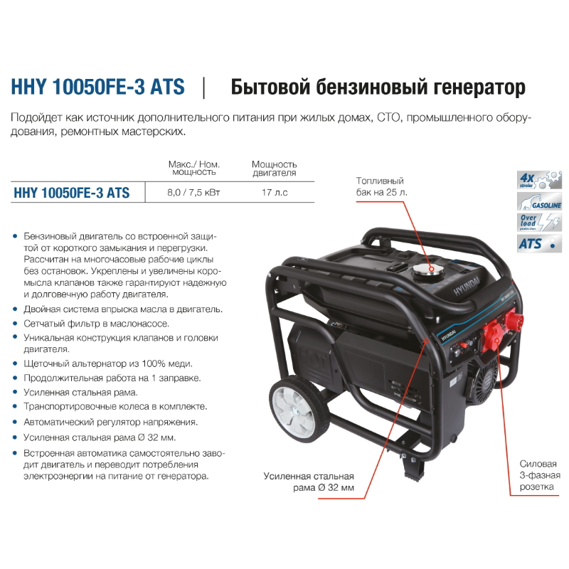 Бензиновый генератор Hyundai HHY 10050FE-3 ATS в Ярославле