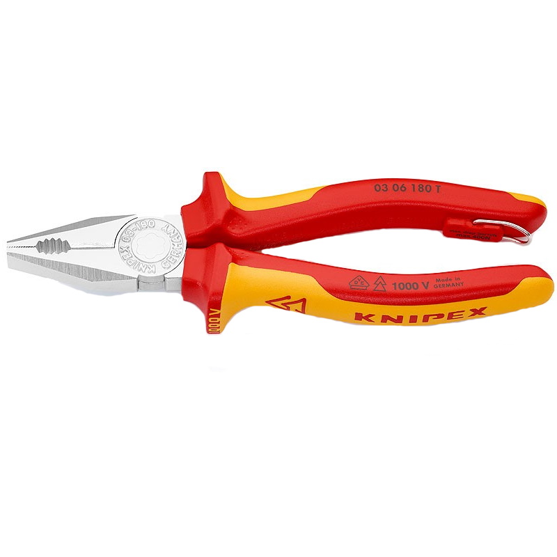 Плоскогубцы комбинированные Knipex KN-0306180T VDE 180 мм хром 2-комп диэлектрические ручки проушина для страховки 7084₽