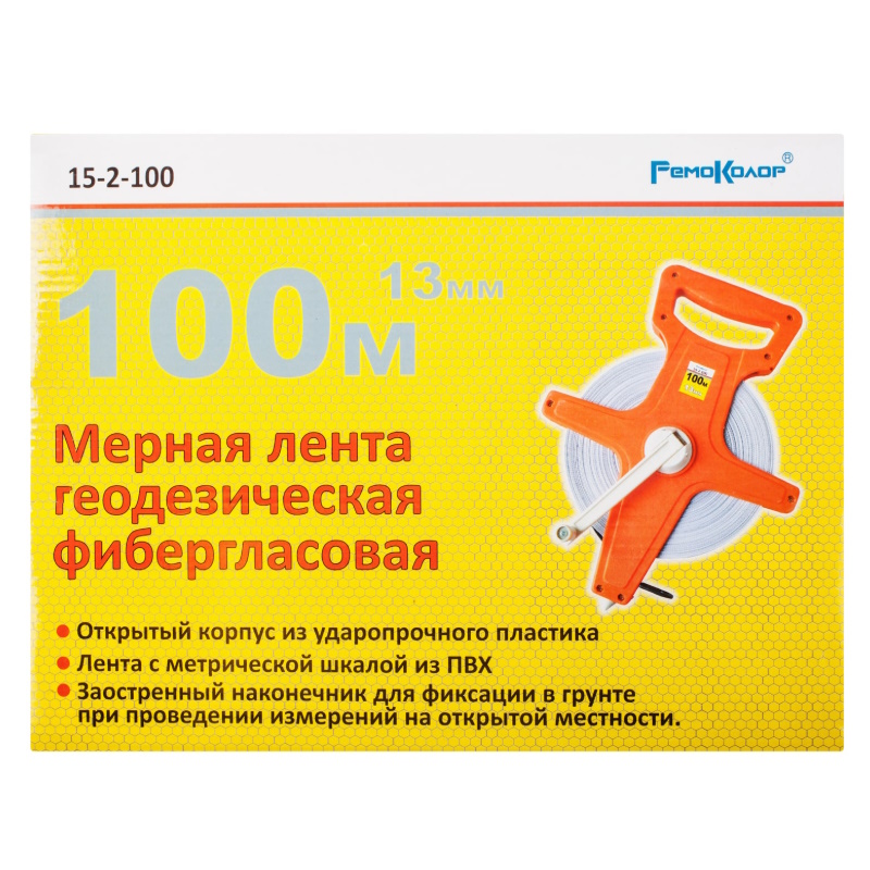 Мерная лента фибергласовая РемоКолор 15-2-100, геодезическая, открытый пластиковый корпус, лента из ПВХ, 100мх13 мм в Переславле