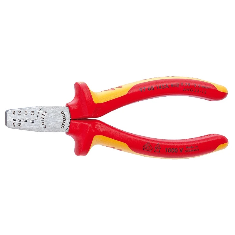 Пресс-клещи Knipex KN-9768145A VDE 4 гнезда контактные гильзы DIN 46228 14 025-25 мм 145 мм 2-компонентные диэлектрические 6482₽