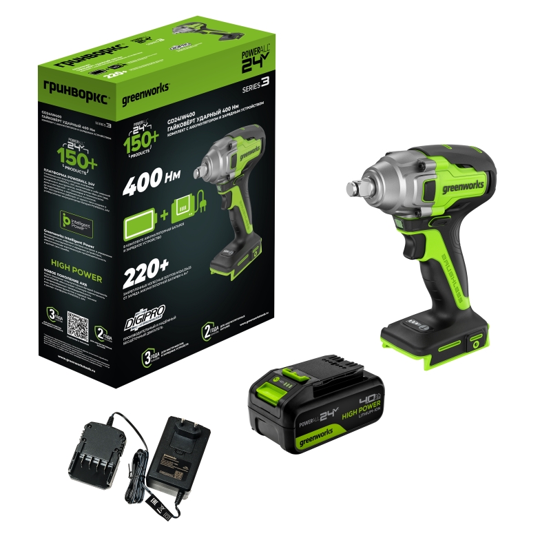 Гайковерт ударный аккумуляторный Greenworks GD24IW400 24V 3802907CUB, б/щет,1/2'', 400Нм,1х4Ач,ЗУ,кор в Кинешме