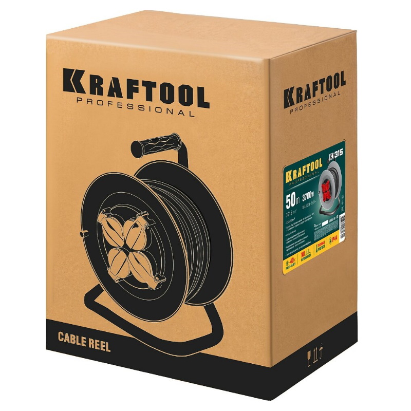 Силовой удлинитель на стальной катушке Kraftool K-315 55085-50, КГ, 3 x 1.5 мм2, 50 м, 3700 Вт, IP44  в Коврове