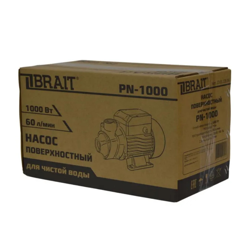 Насос поверхностный Brait PN-1000 23.01.128.056, 1000 Вт, 60л/мин, напор 70м, глубина всасывания 8м в Вологде