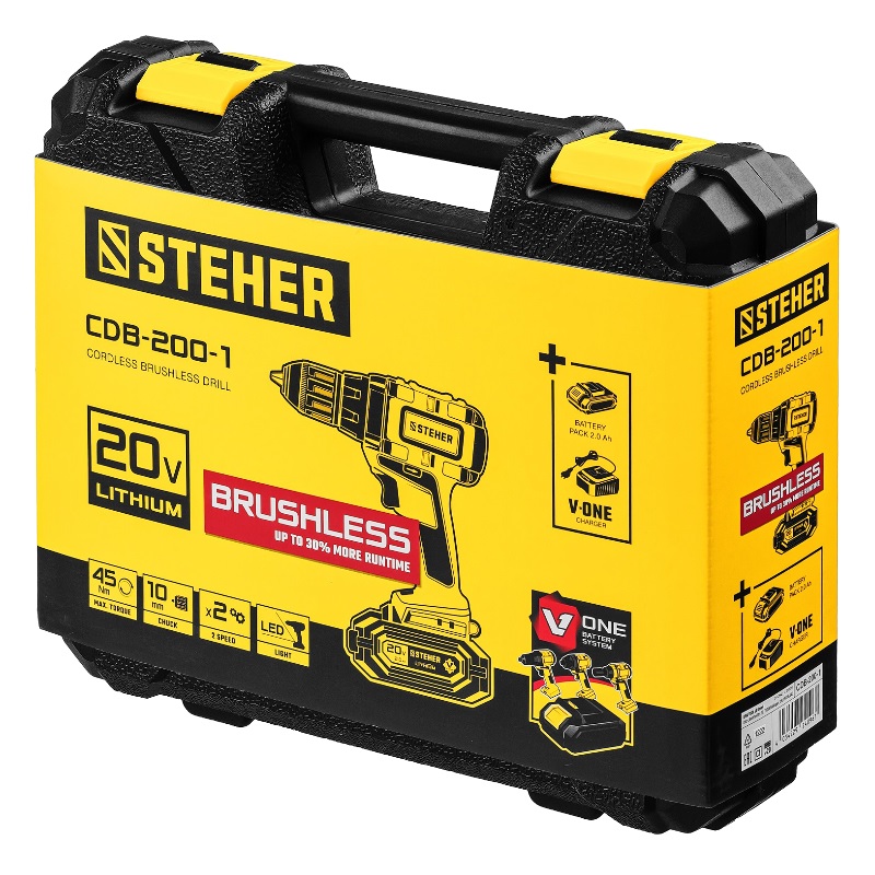 Дрель-шуруповерт бесщеточная Steher CDB-200-1 V1, 20 В, 45 Нм, 1 АКБ (2 Ач), кейс