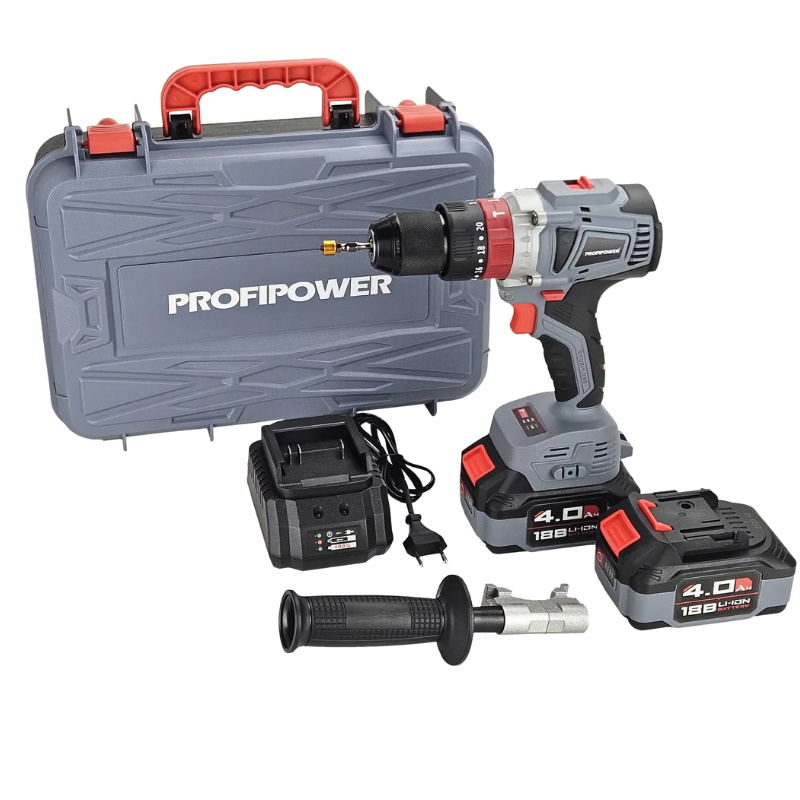 Аккумуляторная дрель ProfiPower MKDHP-20V, бесщеточная, ударная, Li-ion - 2 шт, 4.0Ач, 90Нм, 2 скорости, З/У, кейс
