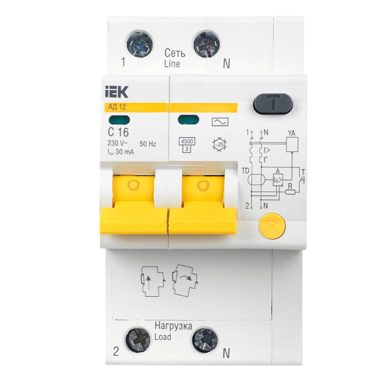 Дифференциальный автомат IEK KARAT АД12 2P MAD10-2-016-C-030, 16А, 30мА, тип AC
