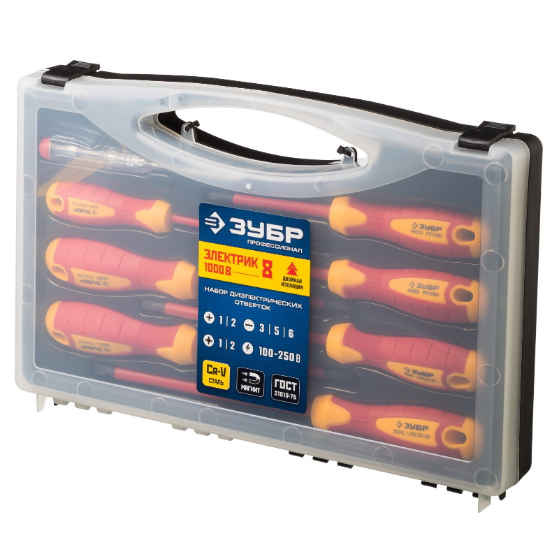 Набор: Отвертки Зубр "ПРОФЕССИОНАЛ" 25268, SL 3, 5, 6/PH 1, 2/PZ 1, 2, тестер 100-250В, в кейсе, 8 предметов в Рыбинске