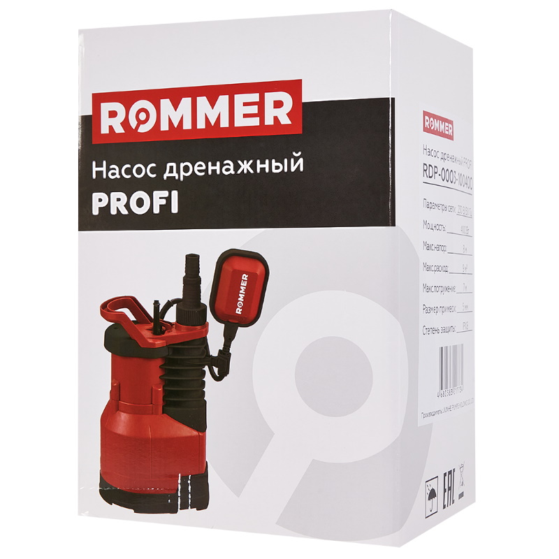 Насос дренажный Rommer PROFI RDP-0003-100400, H-8 м, Q-9 м3/ч, кабель 10 м, 400 Вт, для чистой воды в Костроме