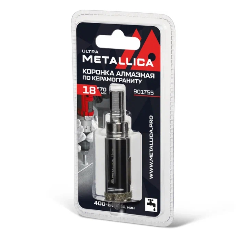 Коронка алмазная Metallica Ultra 901755 (18х70 мм, #46, с сверлом, по керамограниту, плитке, в блистере)