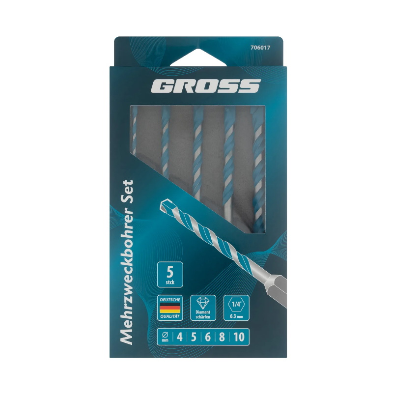 Набор сверл универсальных Gross Multipurpose 706017 PRO, 6-гр. хвостовик, 4-10мм, 5шт в Кинешме