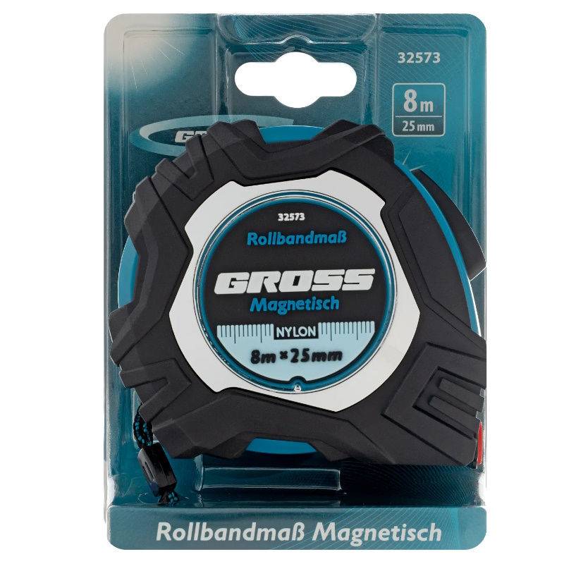 Рулетка Gross Magnetisch 32573, 8м х 25мм, обрезиненный корпус, автоматическая фиксация, нейлоновое покрытие, магнитный зацеп во Владимире
