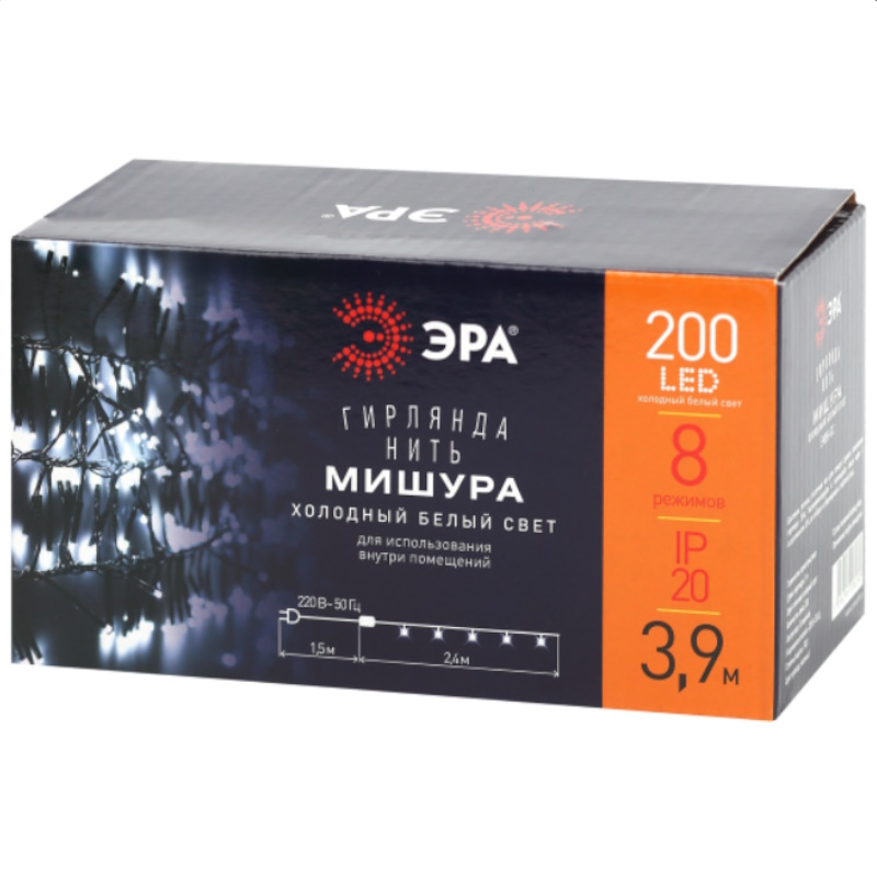 Гирлянда светодиодная Эра "Нить Мишура" Б0047969 565037, 2 м, 200 LED, IP20, холодный свет в Кинешме