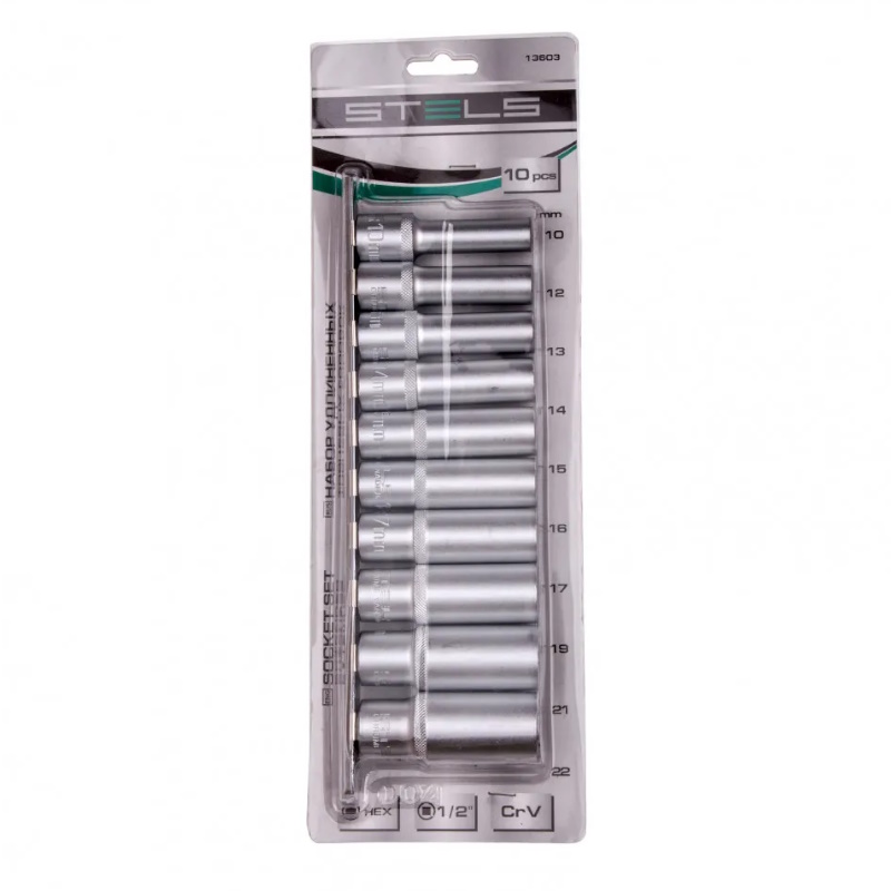 Набор удлиненных торцевых головок Stels 13603, 1/2", 6-ти гр., CrV, 10шт., 10-22мм в Кинешме