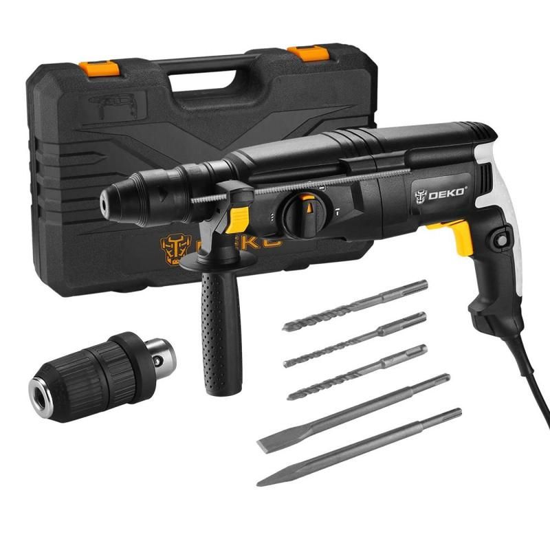 Перфоратор сетевой Deko DKH1100W 063-4159 с набором из 5 буров SDS и дополнительный патрон в кейсе 7276₽