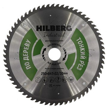 Изображение товара Диск пильный Hilberg Industrial HWT259, Дерево, тонкий рез, 250*32/30*64Т