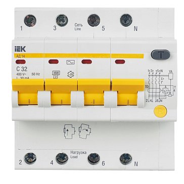 Изображение товара Дифференциальный автомат IEK KARAT АД14 4P MAD10-4-032-C-030, 32А, 30мА, тип AC