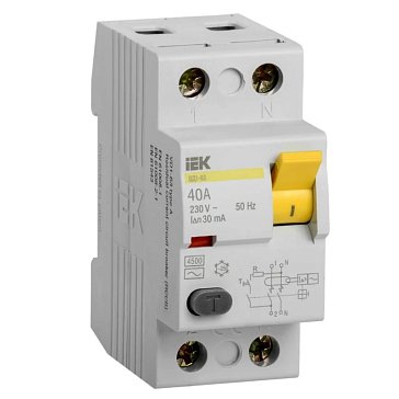 Изображение товара Выключатель дифференциального тока УЗО IEK ВД1-63 2Р MDV10-2-040-030, 40А, 30мА