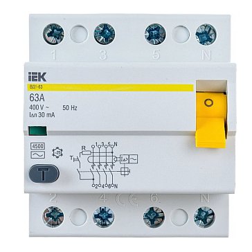 Изображение товара Выключатель дифференциального тока УЗО IEK ВД1-63 4Р 63А 30мА монтаж на DIN-рейку