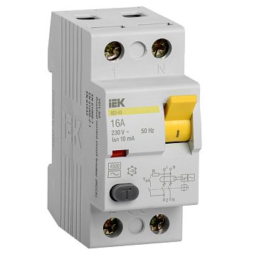 Изображение товара УЗО IEK ВД1-63 2Р MDV10-2-016-010 16А 10мА на DIN-рейку, Россия