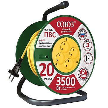Изображение товара Удлинитель силовой на катушке СОЮЗ 83173 30 м 4 гнезда без заземления