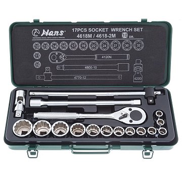 Изображение товара Комплект 12-гранных головок Hans 4618-2M 17 шт. 10-32 мм трещотка сталь Тайвань