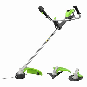 Изображение товара Триммер аккумуляторный Greenworks TB201H 2112407UH, 82V, 2,0 кВт, 46 см, c трехлопастным ножом, б/щ, с 1хАКБ 8 Ач и ЗУ