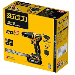 Дрель-шуруповерт бесщеточная ударная Steher CBS-45-22, 20 В, 45 Н·м, 2 АКБ LMS 2 А·ч, сумка