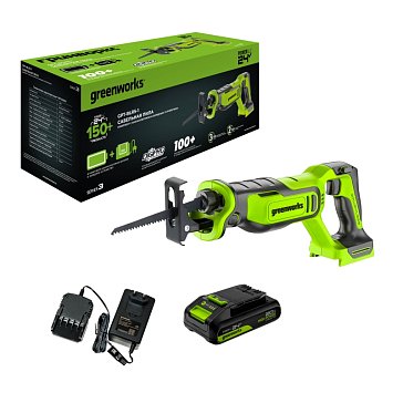 Изображение товара Пила сабельная аккумуляторная Greenworks GPT-BLRS-1 1200607CUA, 24V, б/щет, 0-3000 об/мин, рез 115 мм дерево, 1х2Ач, ЗУ, коробка